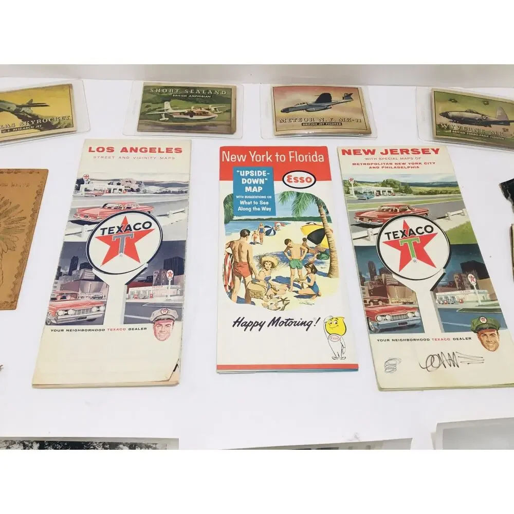 JUNK DRAWER LOT MAPS OLD PHOTOS STAMPS LEATHER POSTCARDS AIRPLANE CARDS ETC
